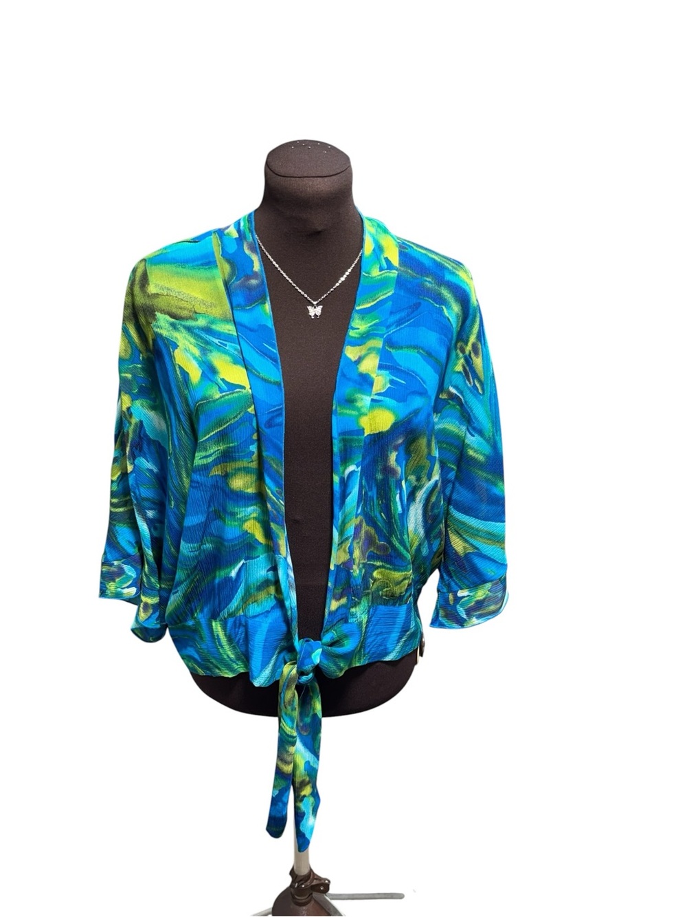 Chico’s 100% Silk Boho Kimono Top Blue Green Tie Front Beach Resort Size 1 M